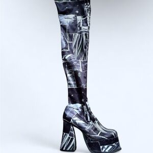 Dolls Kill Current Mood Thigh High Boots SIZE 8 UFO Print/Interstellar Memories